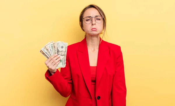 Pretty Woman Feeling Sad Whiney Unhappy Look Crying Business Dollar — Stockfoto