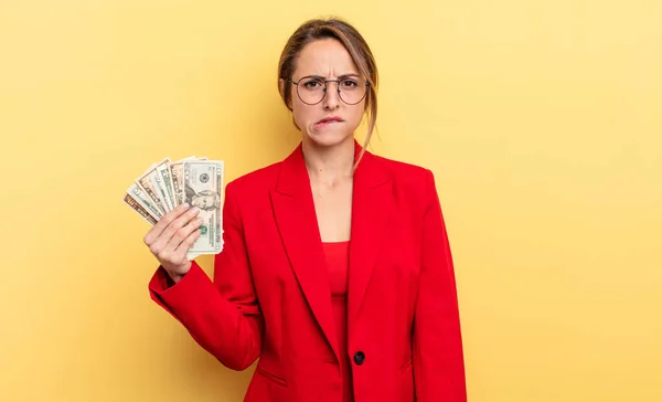 Pretty Woman Looking Puzzled Confused Business Dollar Banknotes Concept — Stockfoto