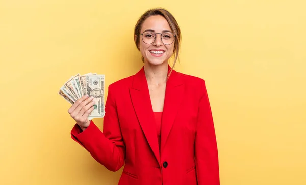 Pretty Woman Looking Happy Pleasantly Surprised Business Dollar Banknotes Concept — Stockfoto