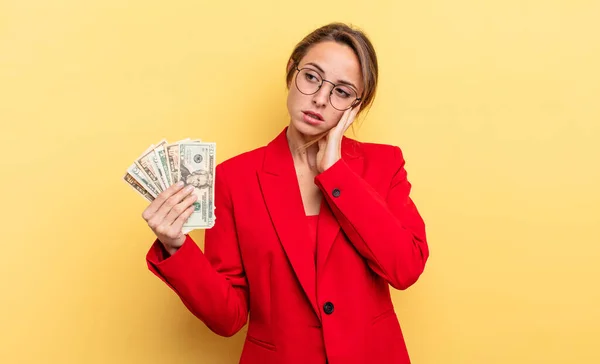 Pretty Woman Feeling Bored Frustrated Sleepy Tiresome Business Dollar Banknotes — Foto Stock