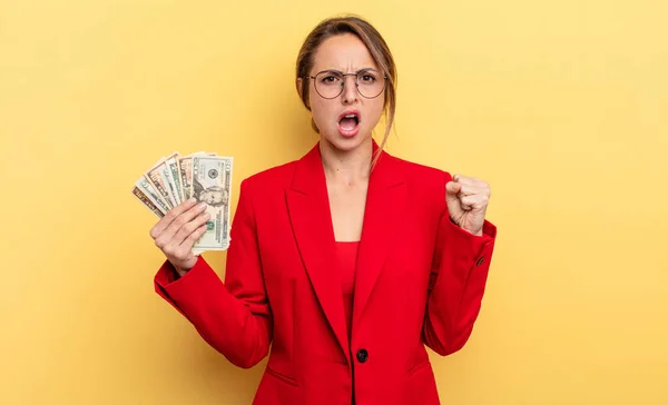 Pretty Woman Shouting Aggressively Angry Expression Business Dollar Banknotes Concept — Stockfoto