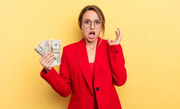 Pretty Woman Screaming Hands Air Business Dollar Banknotes Concept — Stockfoto
