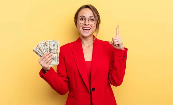 Pretty Woman Feeling Happy Excited Genius Realizing Idea Business Dollar — Zdjęcie stockowe