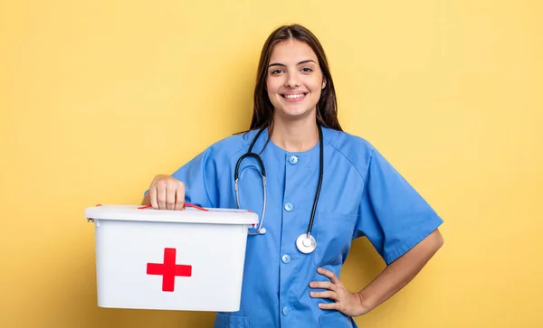 Pretty Woman Smiling Happily Hand Hip Confident Nurse First Aid — Fotografia de Stock