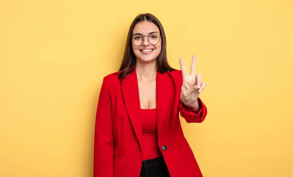 Pretty Woman Smiling Looking Happy Gesturing Victory Peace Businesswoman Concept — 图库照片