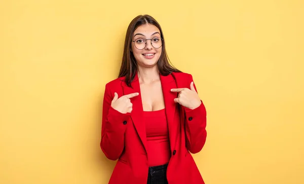 Pretty Woman Feeling Happy Pointing Self Excited Businesswoman Concept — Stockfoto