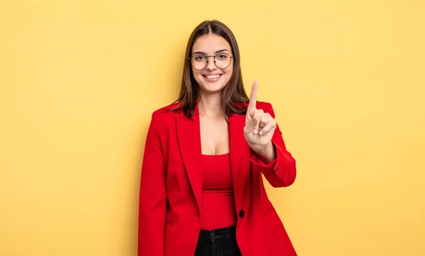 Pretty Woman Smiling Looking Friendly Showing Number One Businesswoman Concept — Stockfoto