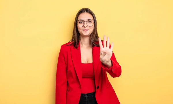 Pretty Woman Smiling Looking Friendly Showing Number Four Businesswoman Concept — ストック写真