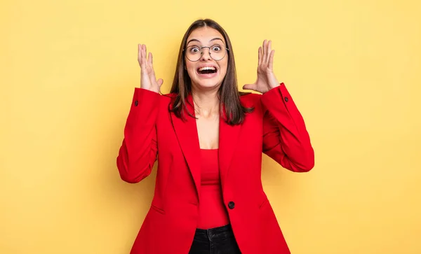 Pretty Woman Screaming Hands Air Businesswoman Concept — Stockfoto
