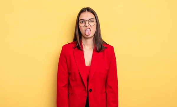 Pretty Woman Feeling Disgusted Irritated Tongue Out Businesswoman Concept — Stockfoto