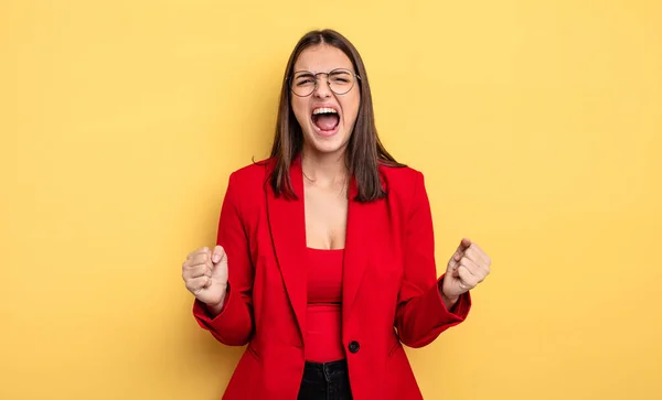 Pretty Woman Shouting Aggressively Angry Expression Businesswoman Concept — Foto de Stock