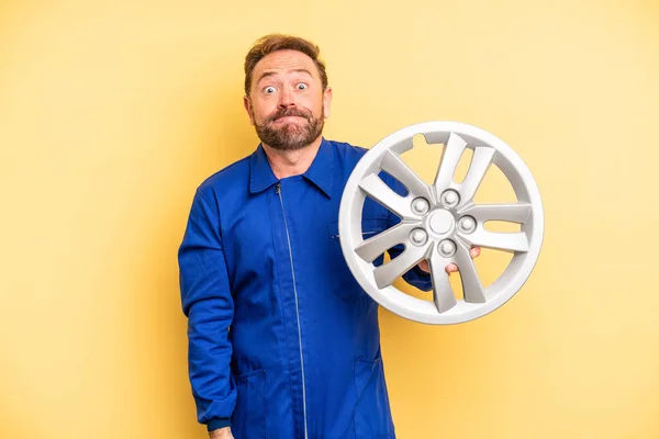 Middle Age Man Shrugging Feeling Confused Uncertain Car Mechanic Concept — Fotografia de Stock