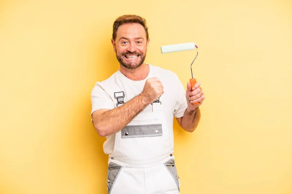 Middle Age Man Feeling Happy Facing Challenge Celebrating Painting Home — Stock Photo, Image
