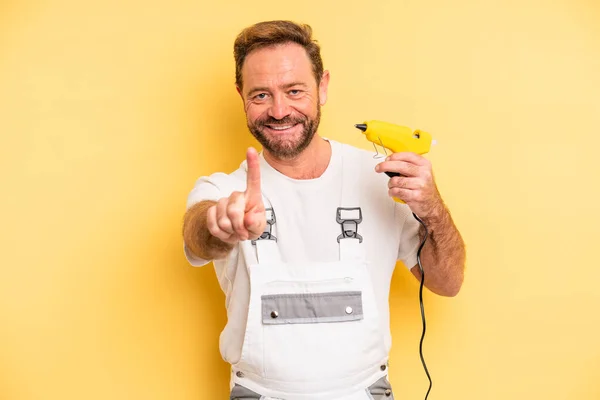 Middle Age Man Smiling Proudly Confidently Making Number One Handyman — Stock Photo, Image