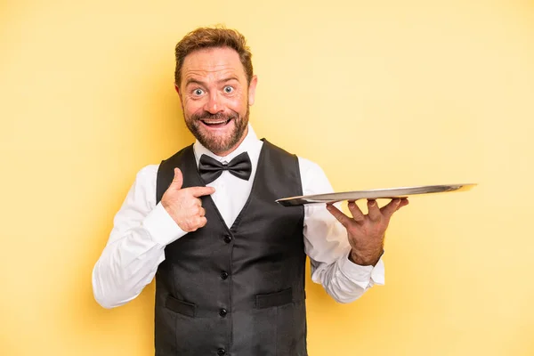 Middle Age Man Feeling Happy Pointing Self Excited Waiter Concept — 스톡 사진