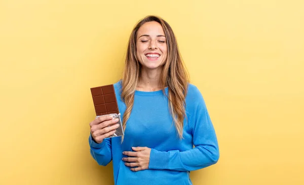 Pretty Woman Laughing Out Loud Some Hilarious Joke Chocolate Concept — Stockfoto