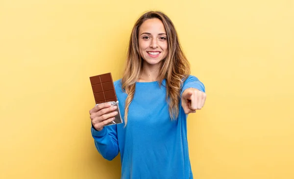 Pretty Woman Pointing Camera Choosing You Chocolate Concept — Stockfoto
