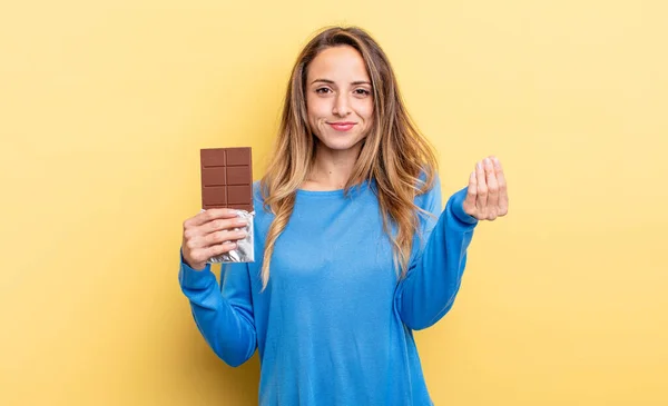 Pretty Woman Making Capice Money Gesture Telling You Pay Chocolate — стоковое фото