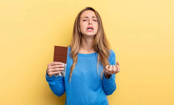 Pretty Woman Looking Desperate Frustrated Stressed Chocolate Concept — Fotografia de Stock