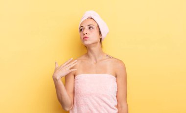 pretty woman feeling stressed, anxious, tired and frustrated. shower and beauty concept