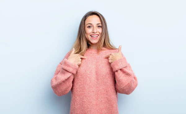 Pretty Caucasian Woman Feeling Happy Surprised Proud Pointing Self Excited — стоковое фото