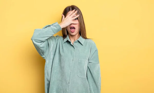 Pretty Caucasian Woman Looking Shocked Scared Terrified Covering Face Hand — Φωτογραφία Αρχείου