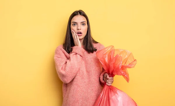 Pretty Woman Feeling Shocked Scared Trash Bag Concept — Foto Stock