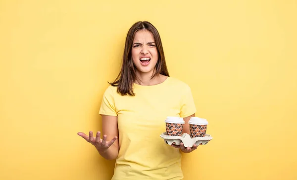 Pretty Woman Looking Angry Annoyed Frustrated Take Away Coffee Concept — Stockfoto