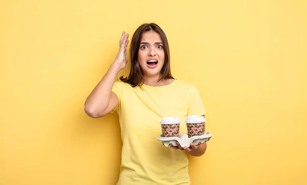 Pretty Woman Screaming Hands Air Take Away Coffee Concept — Stockfoto