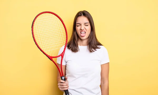 Pretty Woman Feeling Disgusted Irritated Tongue Out Tennis Player Concept — 图库照片