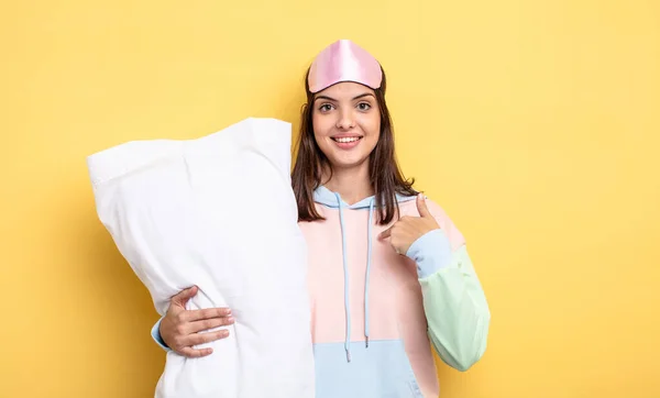 Woman Pajamas Holding Pillow Yellow Background — Stockfoto