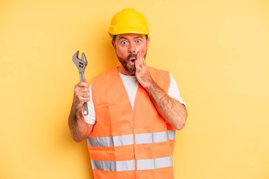 middle age man feeling shocked and scared.  breakdown car repair wrench concept