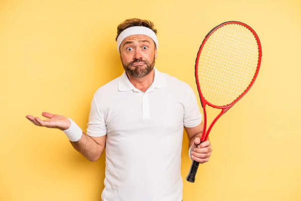 Middle Age Man Feeling Puzzled Confused Doubting Tennis Concept — Stock Photo, Image