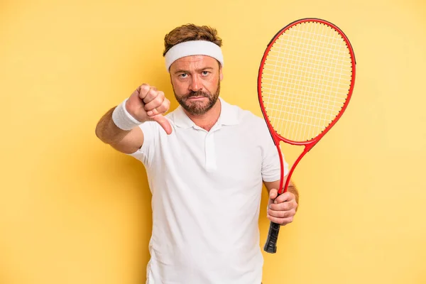 Middle Age Man Feeling Cross Showing Thumbs Tennis Concept — Stock Photo, Image