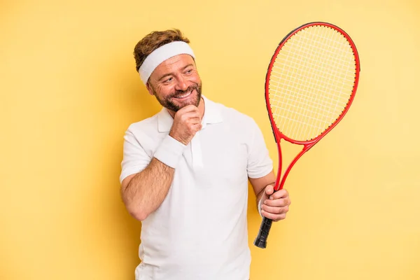 Middle Age Man Smiling Happy Confident Expression Hand Chin Tennis — Stok fotoğraf