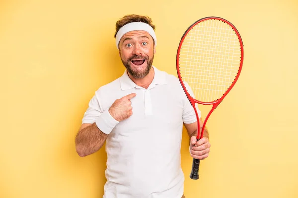 Middle Age Man Feeling Happy Pointing Self Excited Tennis Concept — Stockfoto