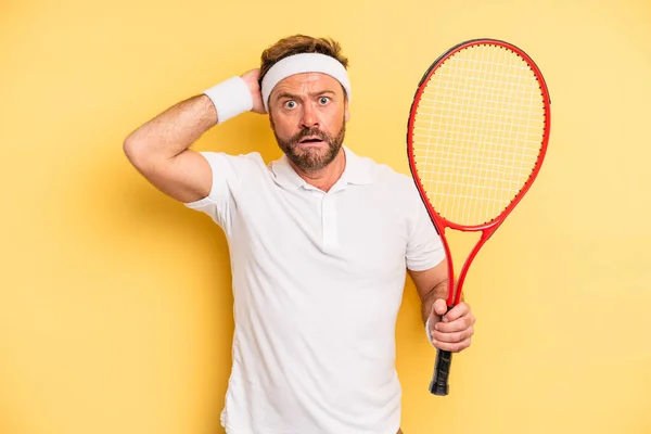 Middle Age Man Feeling Stressed Anxious Scared Hands Head Tennis — Stok fotoğraf
