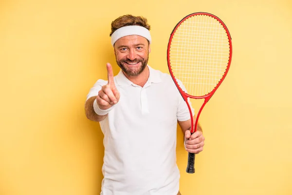 Middle Age Man Smiling Proudly Confidently Making Number One Tennis — Fotografia de Stock