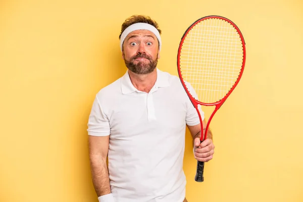 Middle Age Man Shrugging Feeling Confused Uncertain Tennis Concept — Fotografia de Stock