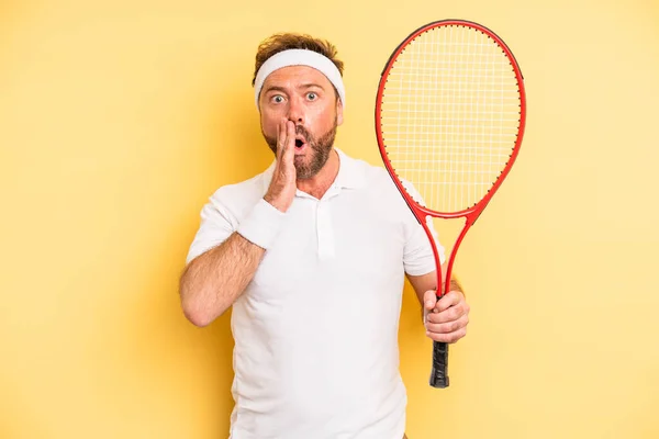 Middle Age Man Feeling Shocked Scared Tennis Concept — Stok fotoğraf