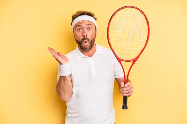 Middle Age Man Looking Surprised Shocked Jaw Dropped Holding Object — Stok fotoğraf