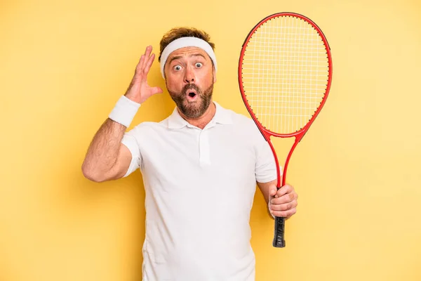 Middle Age Man Screaming Hands Air Tennis Concept — Stok fotoğraf