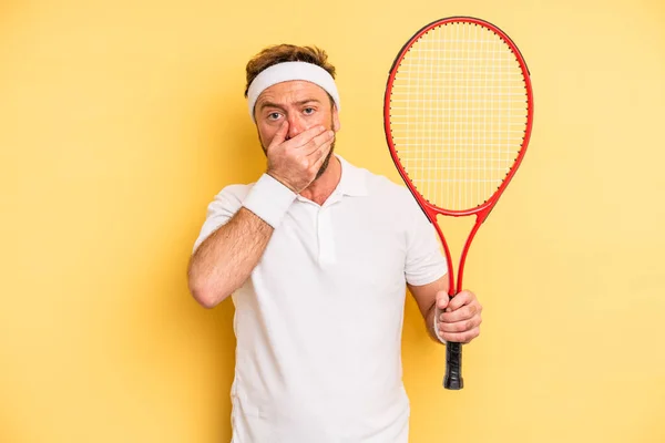 Middle Age Man Covering Mouth Hands Shocked Tennis Concept — Stok fotoğraf