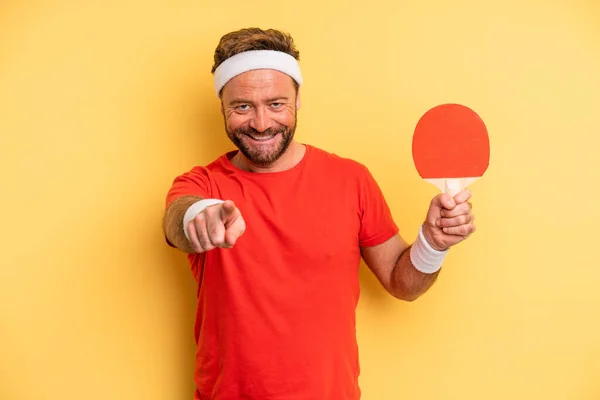 Middle Age Man Pointing Camera Choosing You Ping Pong Concept — Fotografia de Stock
