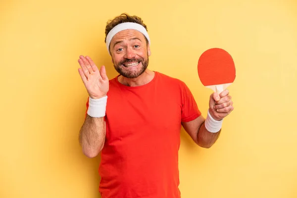 Middle Age Man Smiling Happily Waving Hand Welcoming Greeting You — Stockfoto