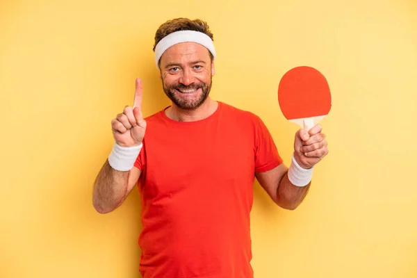 Middle Age Man Smiling Looking Friendly Showing Number One Ping — Stockfoto