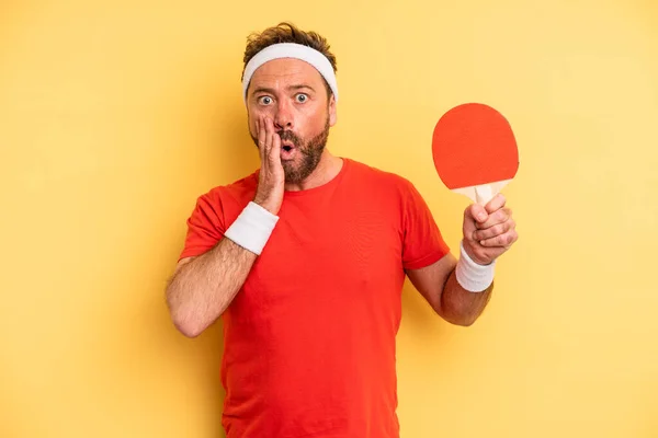 Middle Age Man Feeling Shocked Scared Ping Pong Concept — Stockfoto