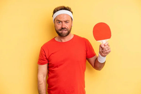 Middle Age Man Looking Puzzled Confused Ping Pong Concept — Stockfoto