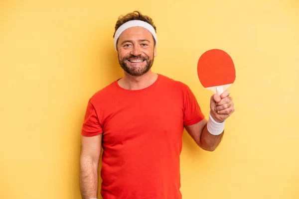Middle Age Man Looking Happy Pleasantly Surprised Ping Pong Concept — Fotografia de Stock