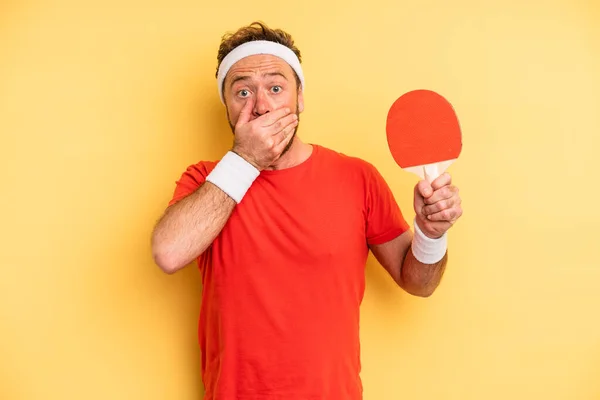 Middle Age Man Covering Mouth Hands Shocked Ping Pong Concept — Foto de Stock